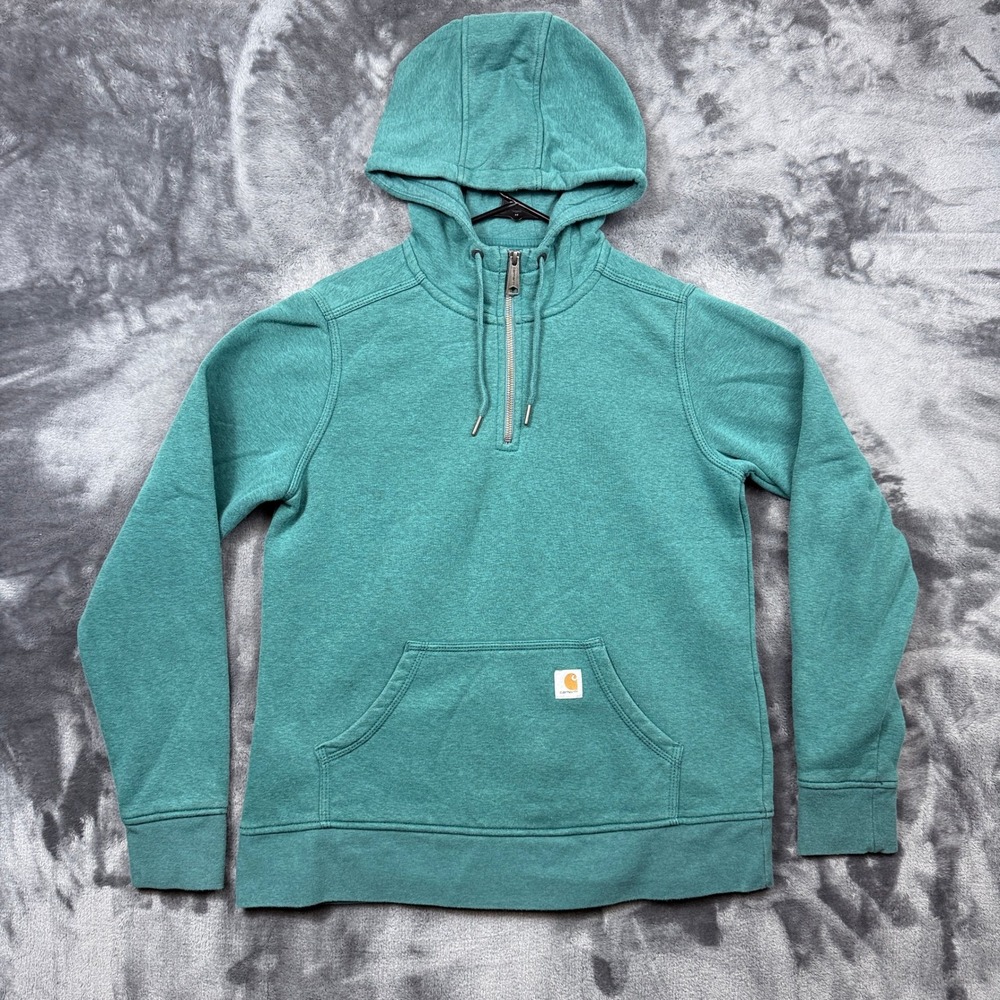 Carhartt Quarter Zip Hoodie Womens Medium Green Heathered Fleece Pullover